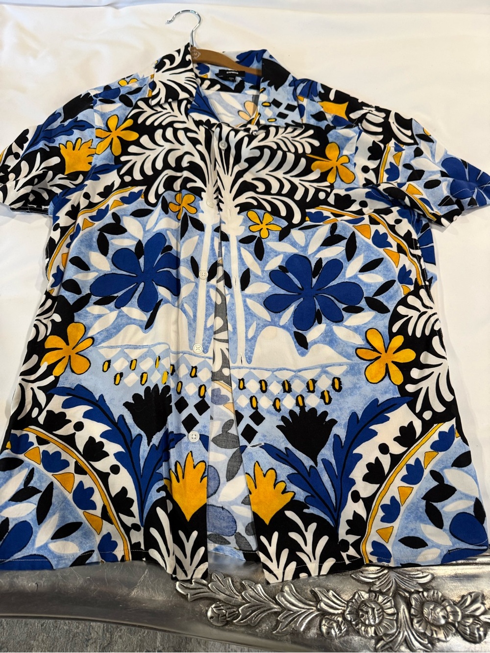 Express XS Mediterranean Baroque Floral Camp Shirt Blue White Yellow Resort